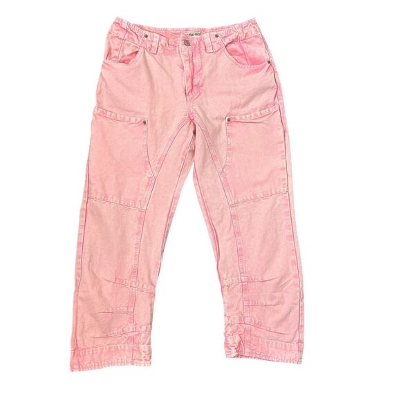 Free People Jeans Pants Pink Denim 8 Cargo Supersonic Slim Crop Trouser balloon - Picture 3 of 9